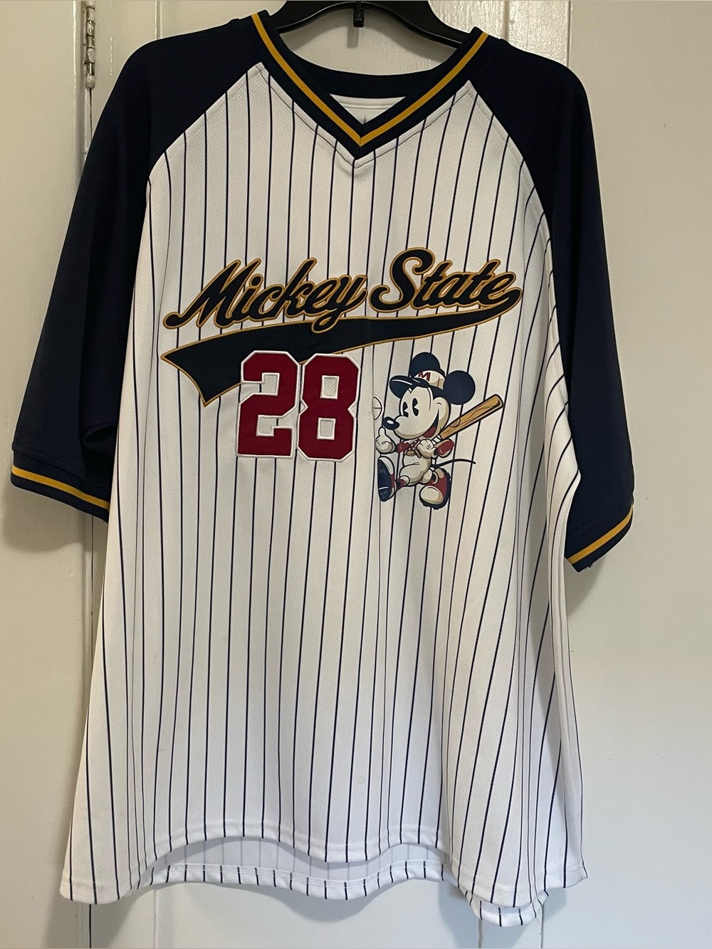 Disney White Navy Pinstripe "Mickey State" Baseball Jersey with Red 28 xxxl